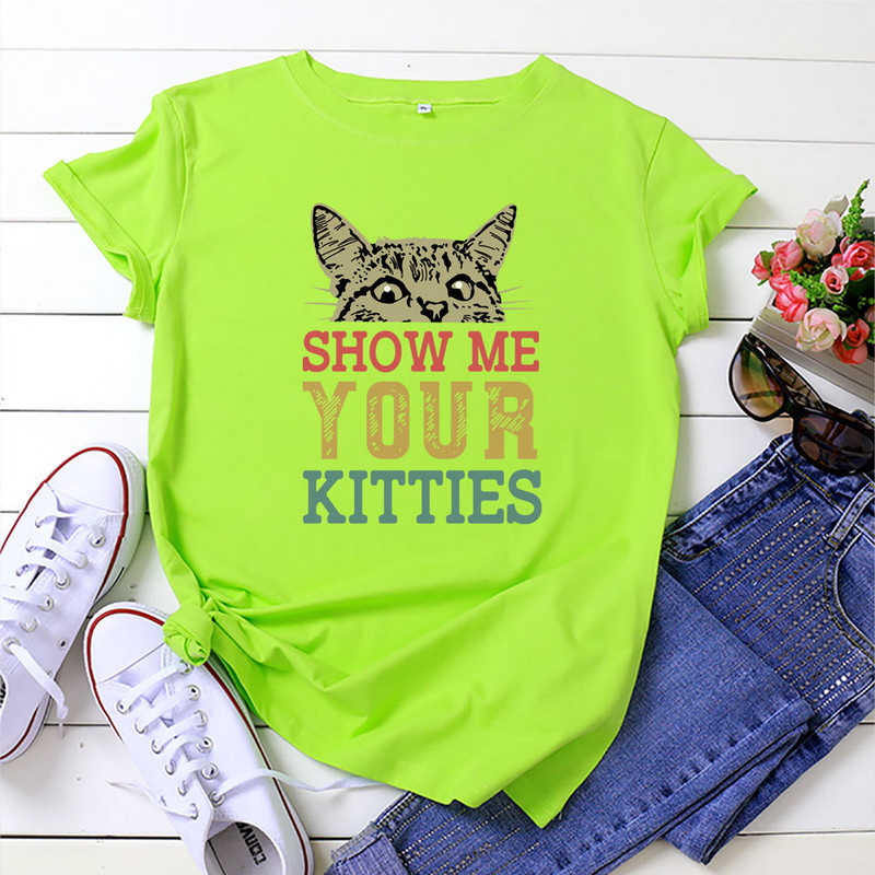 JFUNCY sieviešu topi Kokvilnas T-krekls Vasaras īsām piedurknēm Lielizmēra Tkrekls Kitties Print Ikdienas brīvi sieviešu T-krekli