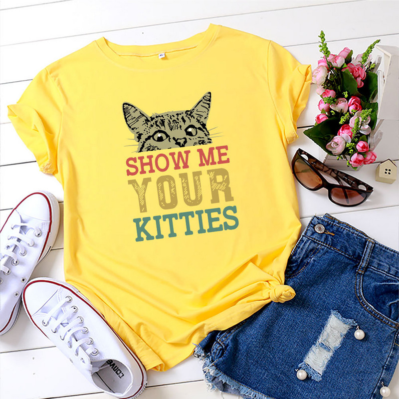 JFUNCY sieviešu topi Kokvilnas T-krekls Vasaras īsām piedurknēm Lielizmēra Tkrekls Kitties Print Ikdienas brīvi sieviešu T-krekli