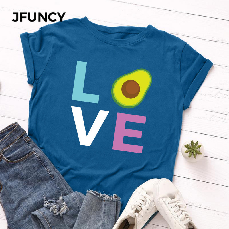 JFUNCY Avocado Love Print T-krekls Korejas sieviešu kokvilnas Tkrekls Vasaras T-krekli Topi ar īsām piedurknēm Sieviešu T krekls Sieviešu krekli
