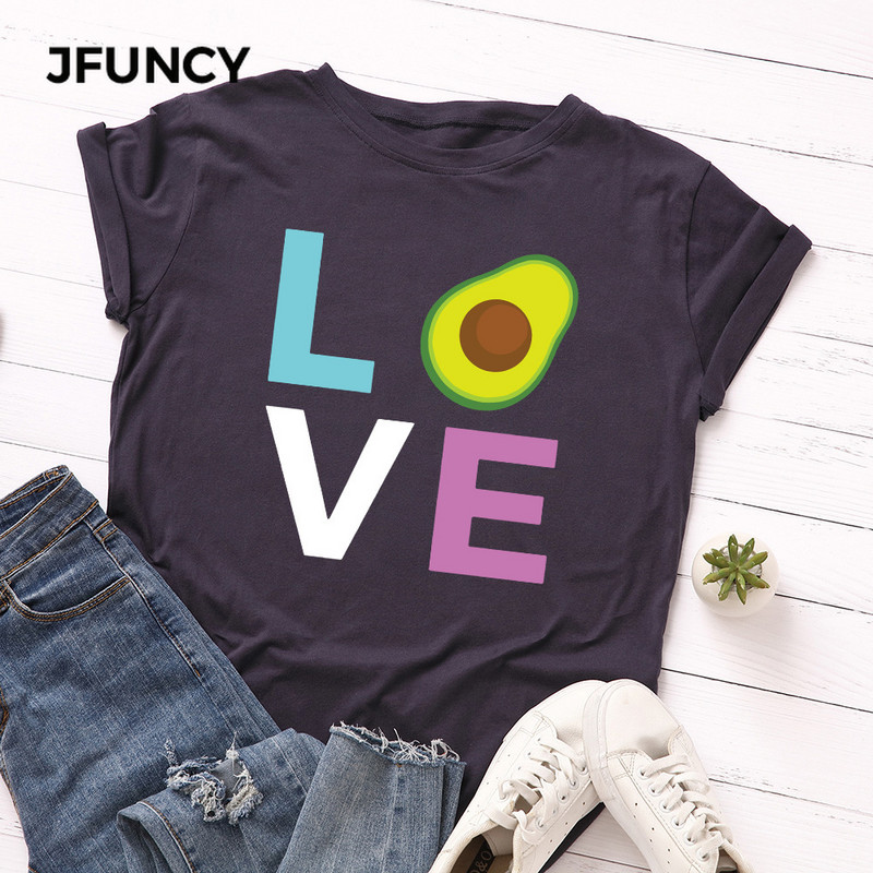JFUNCY Avocado Love Print T-krekls Korejas sieviešu kokvilnas Tkrekls Vasaras T-krekli Topi ar īsām piedurknēm Sieviešu T krekls Sieviešu krekli