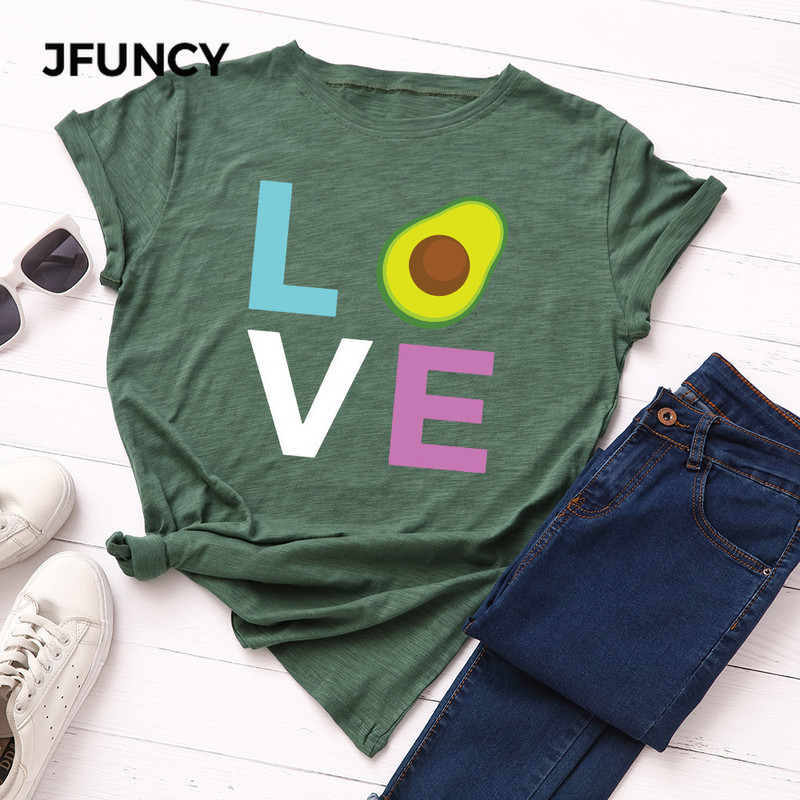 JFUNCY Avocado Love Print T-krekls Korejas sieviešu kokvilnas Tkrekls Vasaras T-krekli Topi ar īsām piedurknēm Sieviešu T krekls Sieviešu krekli