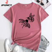 Tricou de vară JFUNCY Tricou cu mânecă scurtă pentru femei Topuri 2022 de modă Tricou din bumbac cu grafic albine de modă Tricou pentru femei Îmbrăcăminte pentru femei