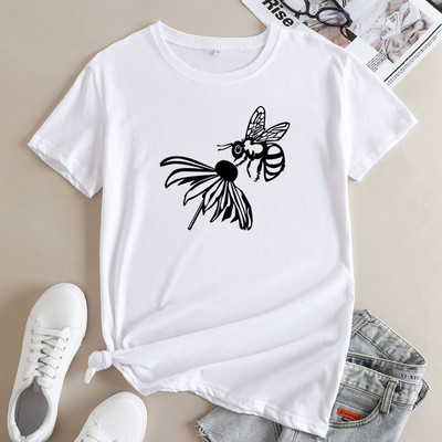 Tricou de vară JFUNCY Tricou cu mânecă scurtă pentru femei Topuri 2022 de modă Tricou din bumbac cu grafic albine de modă Tricou pentru femei Îmbrăcăminte pentru femei