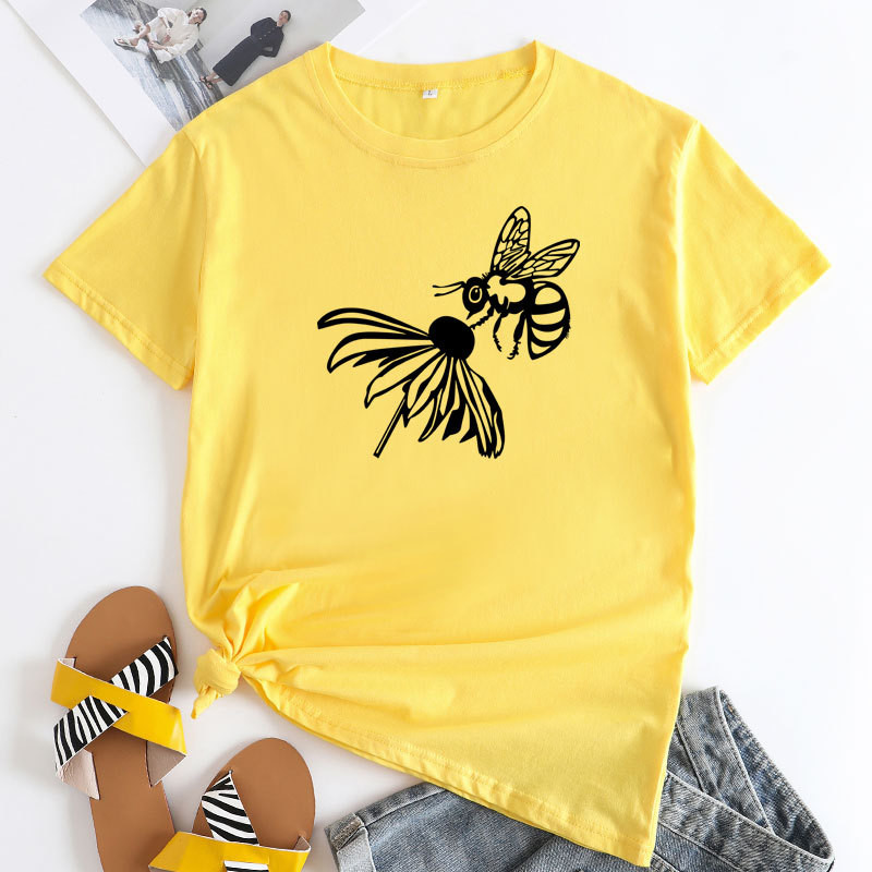 Tricou de vară JFUNCY Tricou cu mânecă scurtă pentru femei Topuri 2022 de modă Tricou din bumbac cu grafic albine de modă Tricou pentru femei Îmbrăcăminte pentru femei