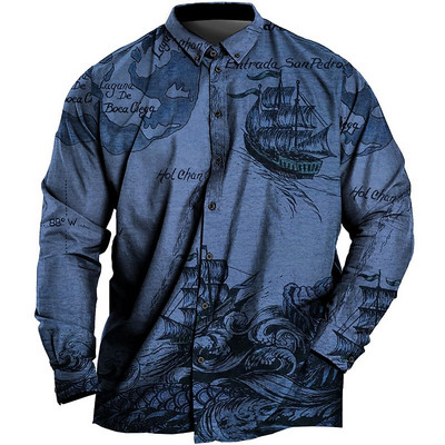 Vintage krekls vīriešiem 3d karte ar apdrukātu garām piedurknēm vīriešu krekls ar atloku pogas vīriešu apģērbs ikdienas modes topi Lielizmēra krekls jauns