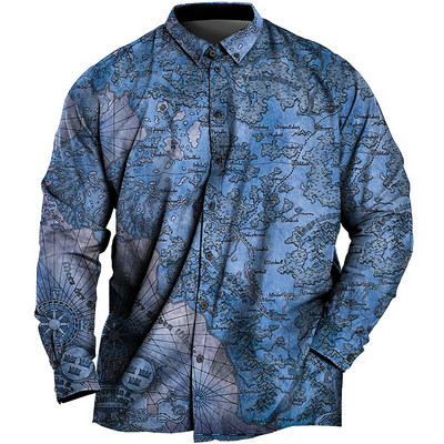 Vintage krekls vīriešiem 3d karte ar apdrukātu garām piedurknēm vīriešu krekls ar atloku pogas vīriešu apģērbs ikdienas modes topi Lielizmēra krekls jauns