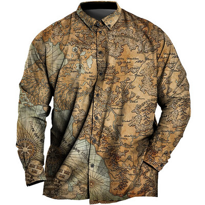 Vintage krekls vīriešiem 3d karte ar apdrukātu garām piedurknēm vīriešu krekls ar atloku pogas vīriešu apģērbs ikdienas modes topi Lielizmēra krekls jauns