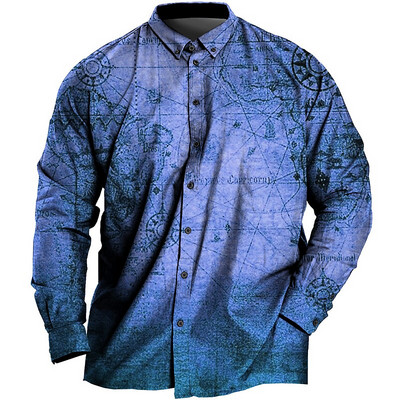 Vintage krekls vīriešiem 3d karte ar apdrukātu garām piedurknēm vīriešu krekls ar atloku pogas vīriešu apģērbs ikdienas modes topi Lielizmēra krekls jauns