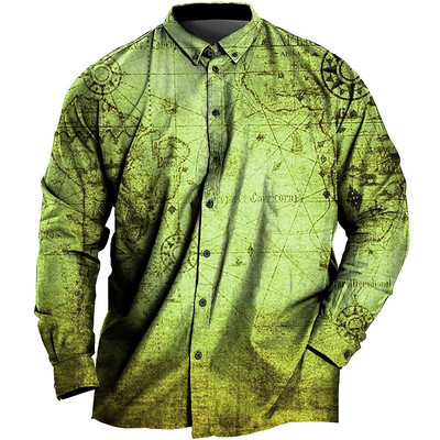 Vintage krekls vīriešiem 3d karte ar apdrukātu garām piedurknēm vīriešu krekls ar atloku pogas vīriešu apģērbs ikdienas modes topi Lielizmēra krekls jauns