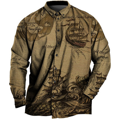 Vintage krekls vīriešiem 3d karte ar apdrukātu garām piedurknēm vīriešu krekls ar atloku pogas vīriešu apģērbs ikdienas modes topi Lielizmēra krekls jauns