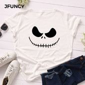 Γυναικεία μπλουζάκια JFUNCY Halloween Evil Print Γυναικεία μπλουζάκια με κοντομάνικο μπλουζάκι Γυναικείο μπλουζάκι casual 2023 Καλοκαιρινό βαμβακερό μπλουζάκι