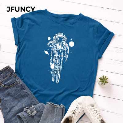 JFUNCY 100% pamut nyári póló Kreatív Astronaut Print női póló Rövid ujjú női póló felsők Női póló