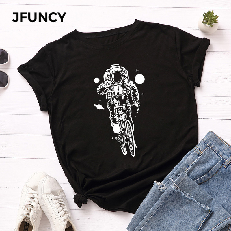 JFUNCY 100% pamut nyári póló Kreatív Astronaut Print női póló Rövid ujjú női póló felsők Női póló
