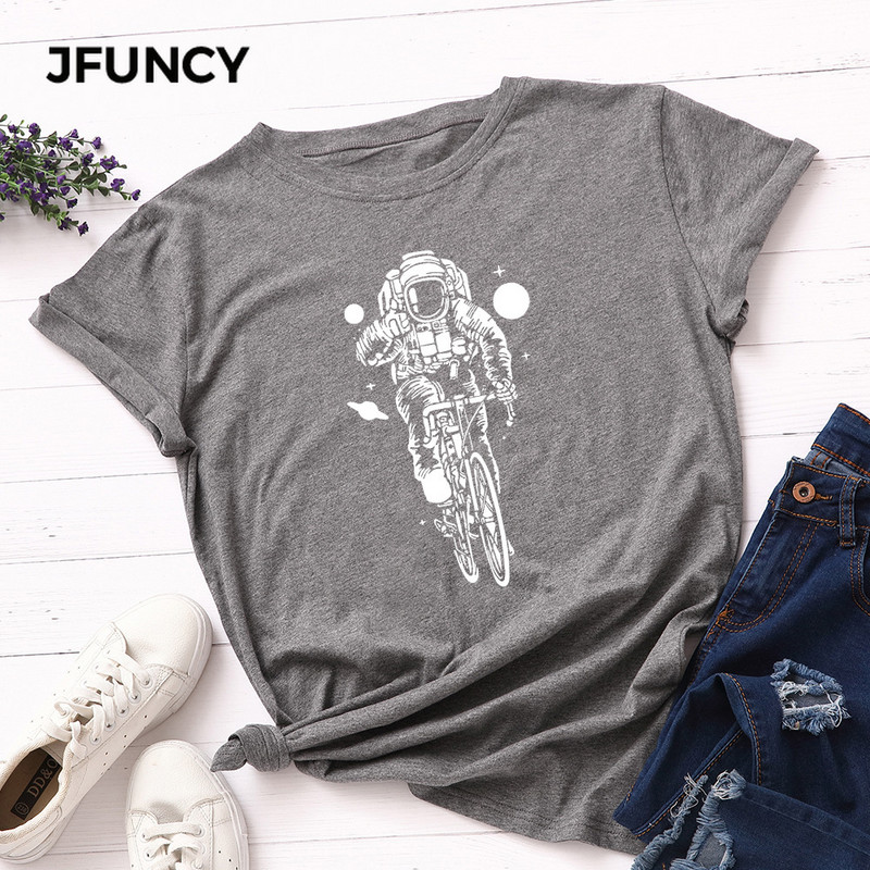 JFUNCY 100% pamut nyári póló Kreatív Astronaut Print női póló Rövid ujjú női póló felsők Női póló