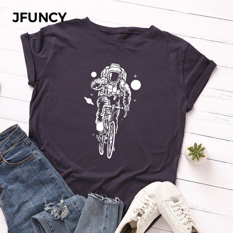JFUNCY 100% pamut nyári póló Kreatív Astronaut Print női póló Rövid ujjú női póló felsők Női póló