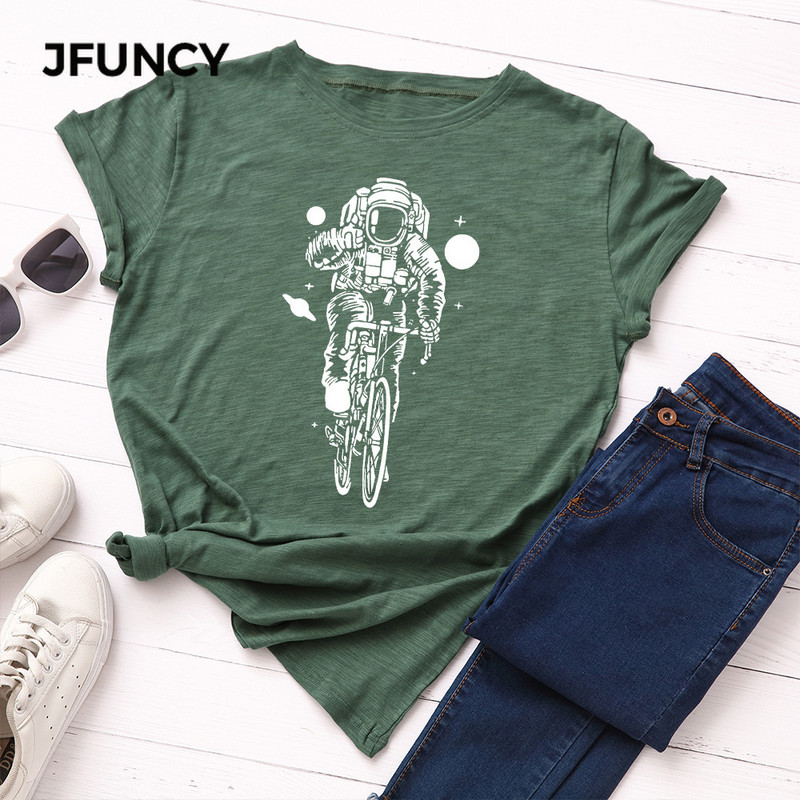 JFUNCY 100% pamut nyári póló Kreatív Astronaut Print női póló Rövid ujjú női póló felsők Női póló