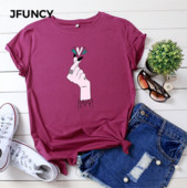 JFUNCY Tricou de vară pentru femei 5XL Tricou cu imprimeu la modă Tricou liber pentru femei 100% bumbac cu mânecă scurtă Tricou pentru damă Topuri