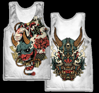 Samurai Oni Mask Tattoo 3D All Over Printed Meeste vest Suvine Harajuku Varrukateta T-särk Unisex Casual Polyester Tank Tops BX-63