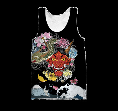 Samurai Oni Mask Tattoo 3D All Over Printed Meeste vest Suvine Harajuku Varrukateta T-särk Unisex Casual Polyester Tank Tops BX-63