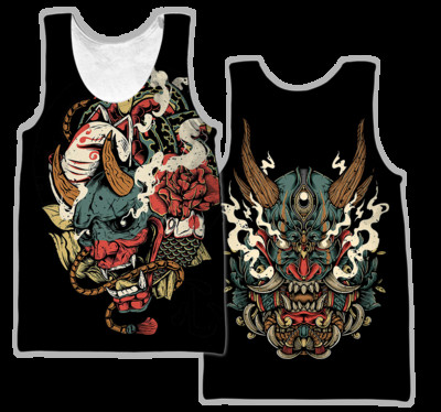 Samurai Oni Mask Tattoo 3D All Over Printed Meeste vest Suvine Harajuku Varrukateta T-särk Unisex Casual Polyester Tank Tops BX-63