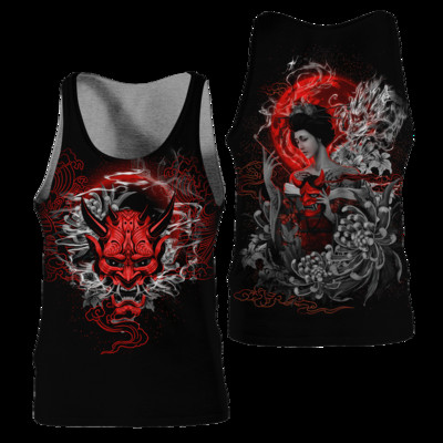 Samurai Oni Mask Tattoo 3D All Over Printed Meeste vest Suvine Harajuku Varrukateta T-särk Unisex Casual Polyester Tank Tops BX-63