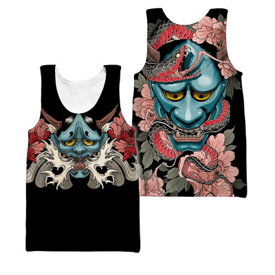 Samurai Oni Mask Tattoo 3D All Over Printed Meeste vest Suvine Harajuku Varrukateta T-särk Unisex Casual Polyester Tank Tops BX-63
