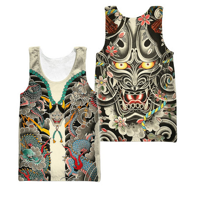 Samurai Oni Mask Tattoo 3D All Over Printed Meeste vest Suvine Harajuku Varrukateta T-särk Unisex Casual Polyester Tank Tops BX-63
