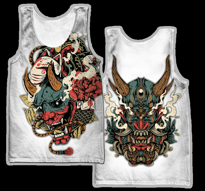 Samurai Oni Mask Tattoo 3D All Over Printed Ανδρικό γιλέκο Summer Harajuku Αμάνικο μπλουζάκι Unisex Casual πολυεστερικό φανελάκι BX-63