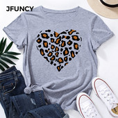JFUNCY Lielizmēra sieviešu kokvilnas T krekls Leopard Love Graphic Print Loose Tees Krekls Īsām piedurknēm Sieviešu T-krekls Vasaras sieviešu tops