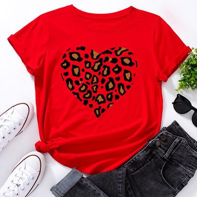 JFUNCY Lielizmēra sieviešu kokvilnas T krekls Leopard Love Graphic Print Loose Tees Krekls Īsām piedurknēm Sieviešu T-krekls Vasaras sieviešu tops