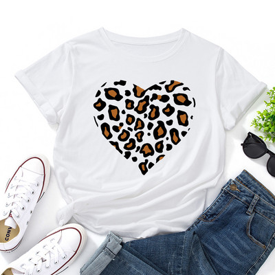 JFUNCY Lielizmēra sieviešu kokvilnas T krekls Leopard Love Graphic Print Loose Tees Krekls Īsām piedurknēm Sieviešu T-krekls Vasaras sieviešu tops
