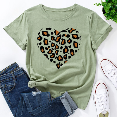 JFUNCY Lielizmēra sieviešu kokvilnas T krekls Leopard Love Graphic Print Loose Tees Krekls Īsām piedurknēm Sieviešu T-krekls Vasaras sieviešu tops