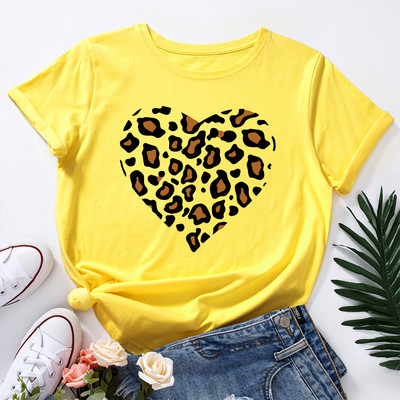 JFUNCY Lielizmēra sieviešu kokvilnas T krekls Leopard Love Graphic Print Loose Tees Krekls Īsām piedurknēm Sieviešu T-krekls Vasaras sieviešu tops