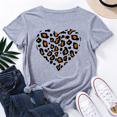 JFUNCY Lielizmēra sieviešu kokvilnas T krekls Leopard Love Graphic Print Loose Tees Krekls Īsām piedurknēm Sieviešu T-krekls Vasaras sieviešu tops