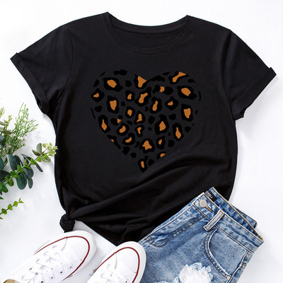 JFUNCY Lielizmēra sieviešu kokvilnas T krekls Leopard Love Graphic Print Loose Tees Krekls Īsām piedurknēm Sieviešu T-krekls Vasaras sieviešu tops