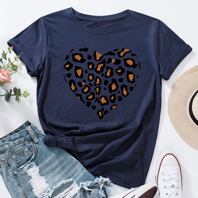 JFUNCY Lielizmēra sieviešu kokvilnas T krekls Leopard Love Graphic Print Loose Tees Krekls Īsām piedurknēm Sieviešu T-krekls Vasaras sieviešu tops
