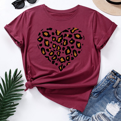 JFUNCY Lielizmēra sieviešu kokvilnas T krekls Leopard Love Graphic Print Loose Tees Krekls Īsām piedurknēm Sieviešu T-krekls Vasaras sieviešu tops