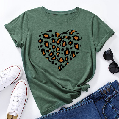 JFUNCY Lielizmēra sieviešu kokvilnas T krekls Leopard Love Graphic Print Loose Tees Krekls Īsām piedurknēm Sieviešu T-krekls Vasaras sieviešu tops