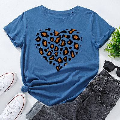 JFUNCY Lielizmēra sieviešu kokvilnas T krekls Leopard Love Graphic Print Loose Tees Krekls Īsām piedurknēm Sieviešu T-krekls Vasaras sieviešu tops
