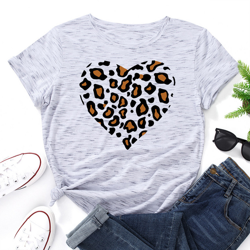 JFUNCY Lielizmēra sieviešu kokvilnas T krekls Leopard Love Graphic Print Loose Tees Krekls Īsām piedurknēm Sieviešu T-krekls Vasaras sieviešu tops