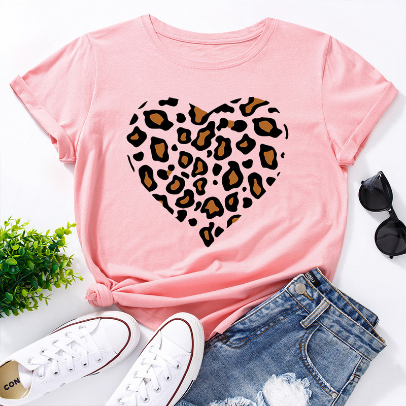 JFUNCY Lielizmēra sieviešu kokvilnas T krekls Leopard Love Graphic Print Loose Tees Krekls Īsām piedurknēm Sieviešu T-krekls Vasaras sieviešu tops