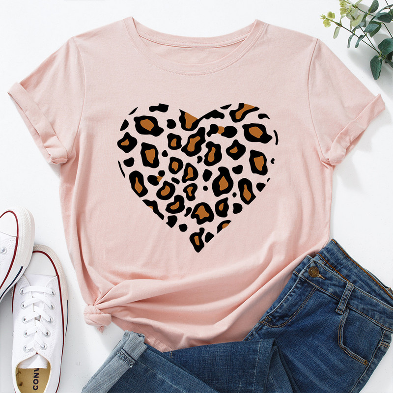 JFUNCY Lielizmēra sieviešu kokvilnas T krekls Leopard Love Graphic Print Loose Tees Krekls Īsām piedurknēm Sieviešu T-krekls Vasaras sieviešu tops
