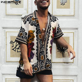 INCERUN Ανδρικά πουκάμισα Casual Εκτύπωση 2023 με κουμπιά πέτο κοντό μανίκι Ανδρικά καλοκαιρινά ρούχα διακοπών Vintage Streetwear Camisas S-5XL 7