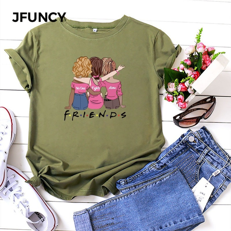 JFUNCY sieviešu topi 2023. gada jauni sieviešu kokvilnas T krekls Labākie draugi Karikatūra ar apdruku sieviešu T-krekls vasaras īsām piedurknēm
