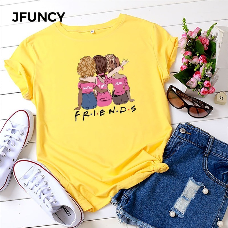 JFUNCY sieviešu topi 2023. gada jauni sieviešu kokvilnas T krekls Labākie draugi Karikatūra ar apdruku sieviešu T-krekls vasaras īsām piedurknēm
