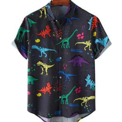 Cămașă scurtă cu mânecă hawaiană supradimensionată pentru bărbați, cu model de desene animate, colorate, cu flori, viking, îmbrăcăminte de lux