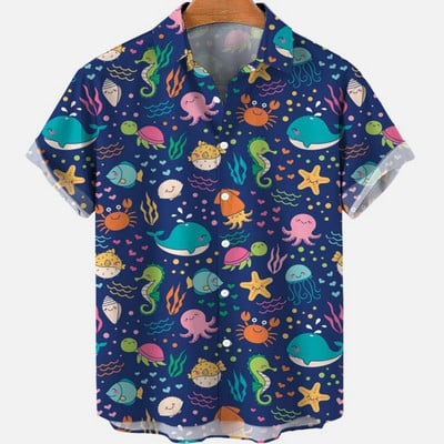 Cămașă scurtă cu mânecă hawaiană supradimensionată pentru bărbați, cu model de desene animate, colorate, cu flori, viking, îmbrăcăminte de lux