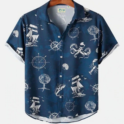 Cămașă scurtă cu mânecă hawaiană supradimensionată pentru bărbați, cu model de desene animate, colorate, cu flori, viking, îmbrăcăminte de lux