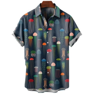Cămașă scurtă cu mânecă hawaiană supradimensionată pentru bărbați, cu model de desene animate, colorate, cu flori, viking, îmbrăcăminte de lux