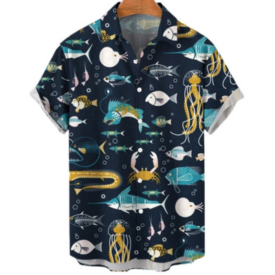 Cămașă scurtă cu mânecă hawaiană supradimensionată pentru bărbați, cu model de desene animate, colorate, cu flori, viking, îmbrăcăminte de lux